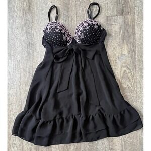Babydoll‎ Lingerie Black Polka Dot Bow Accent Nightie Sleepwear